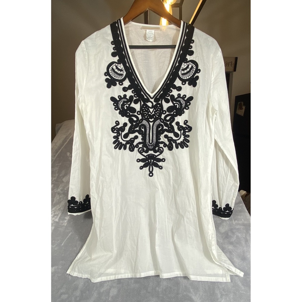 La Blanca Tunic Top Or Cover Up Resort Wear Small White Crochet Trim Island Chic